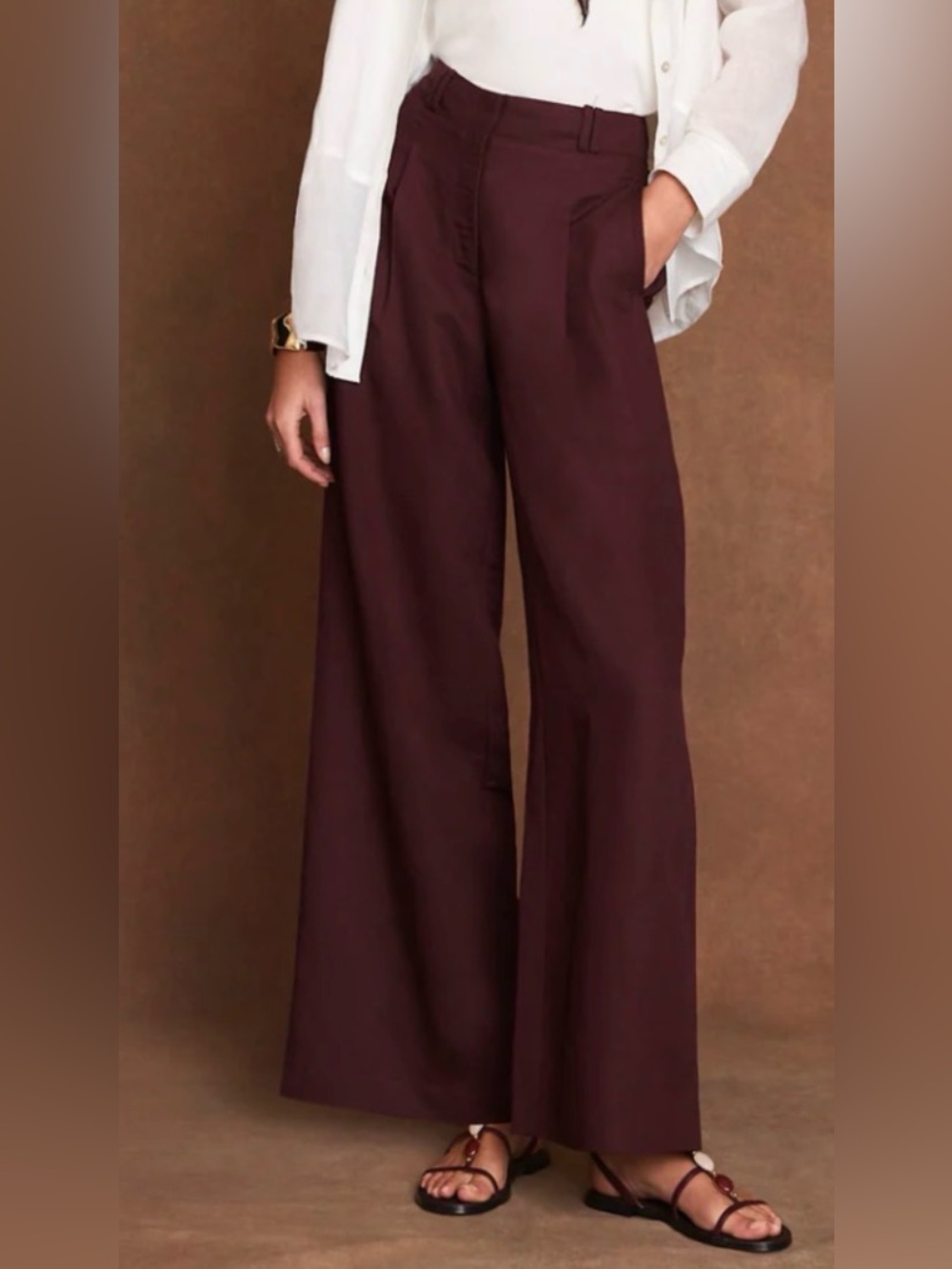 BURGUNDY 100%  LINEN TROUSERS MID RISE WIDE LEG WOMENS SZ 9  SUMMER OFFICE WEAR